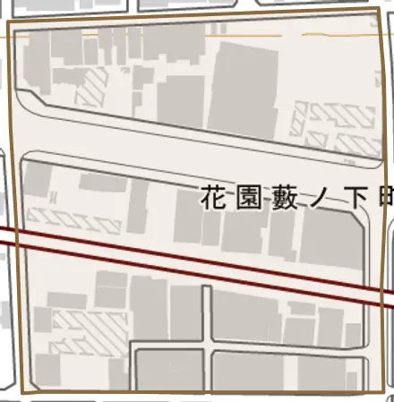花園藪ノ下町とその周辺の地図。町の範囲を重ねている