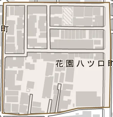 花園八ツ口町とその周辺の地図。町の範囲を重ねている