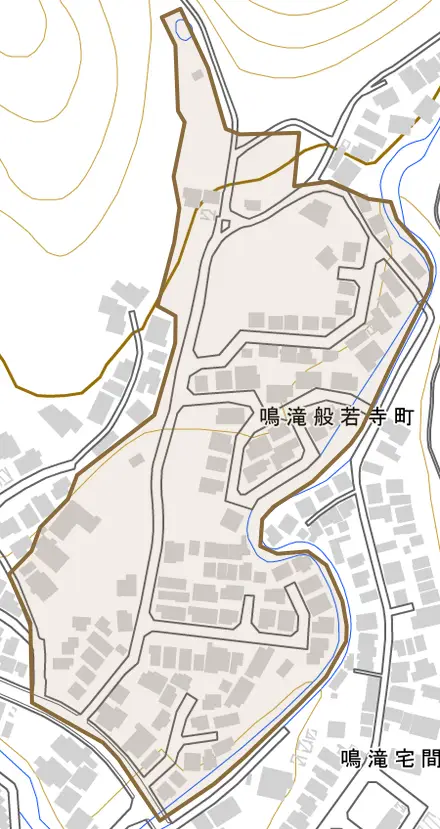 鳴滝般若寺町とその周辺の地図。町の範囲を重ねている