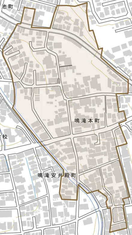 鳴滝本町とその周辺の地図。町の範囲を重ねている