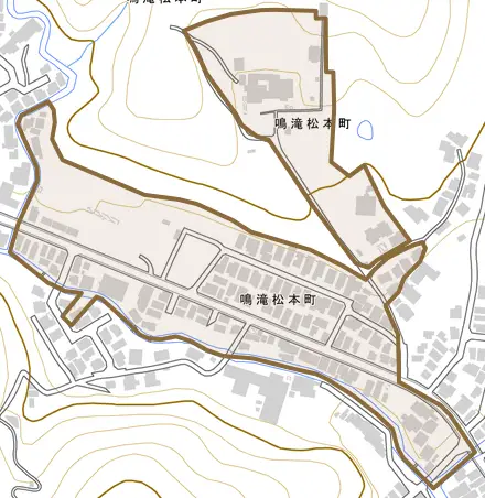 鳴滝松本町とその周辺の地図。町の範囲を重ねている