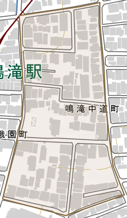 鳴滝中道町とその周辺の地図。町の範囲を重ねている