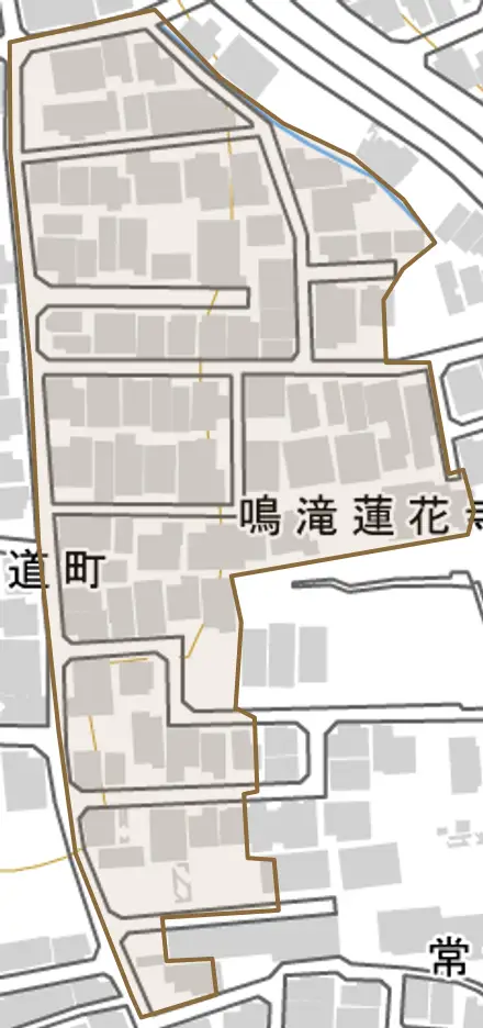 鳴滝蓮花寺町とその周辺の地図。町の範囲を重ねている