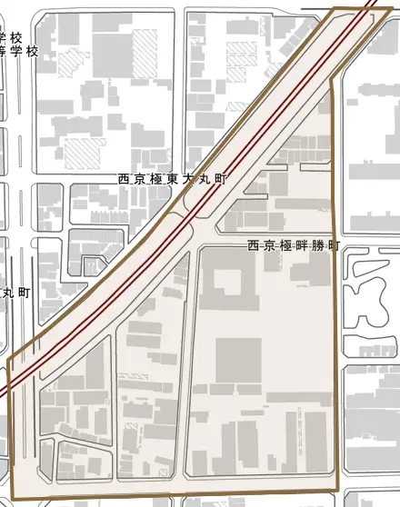 西京極畔勝町とその周辺の地図。町の範囲を重ねている