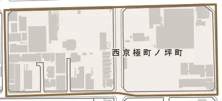 西京極町ノ坪町とその周辺の地図。町の範囲を重ねている