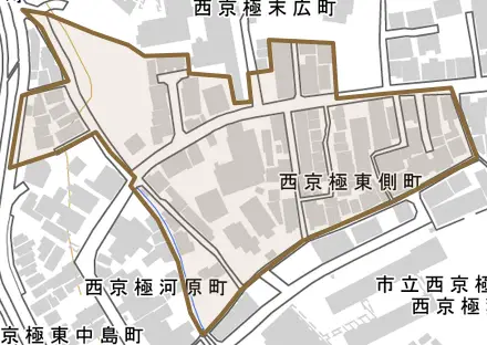 西京極東側町とその周辺の地図。町の範囲を重ねている