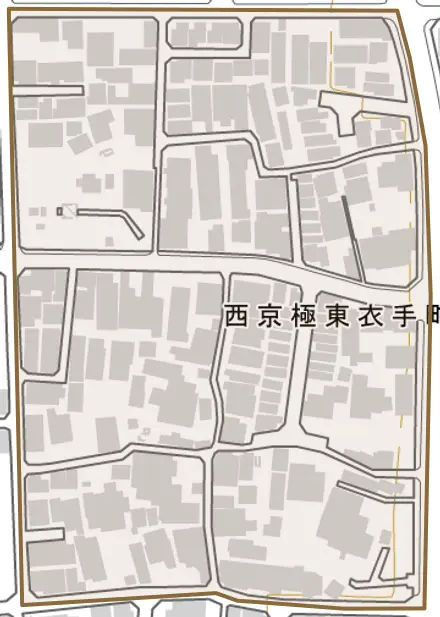 西京極東衣手町とその周辺の地図。町の範囲を重ねている