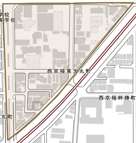 西京極東大丸町とその周辺の地図。町の範囲を重ねている