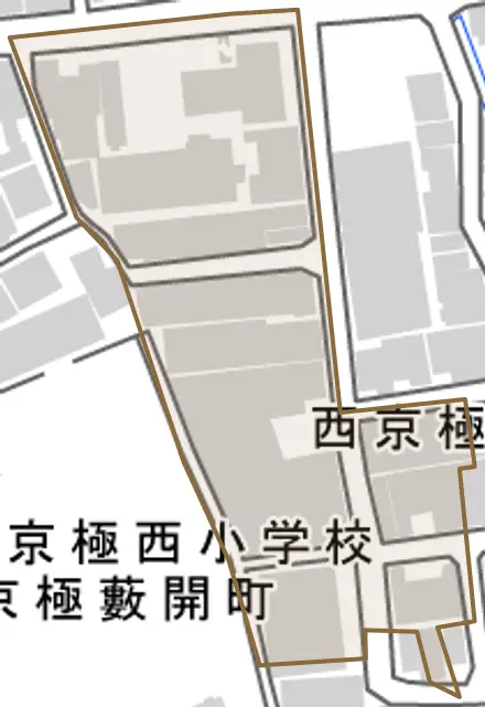 西京極火打畑町とその周辺の地図。町の範囲を重ねている