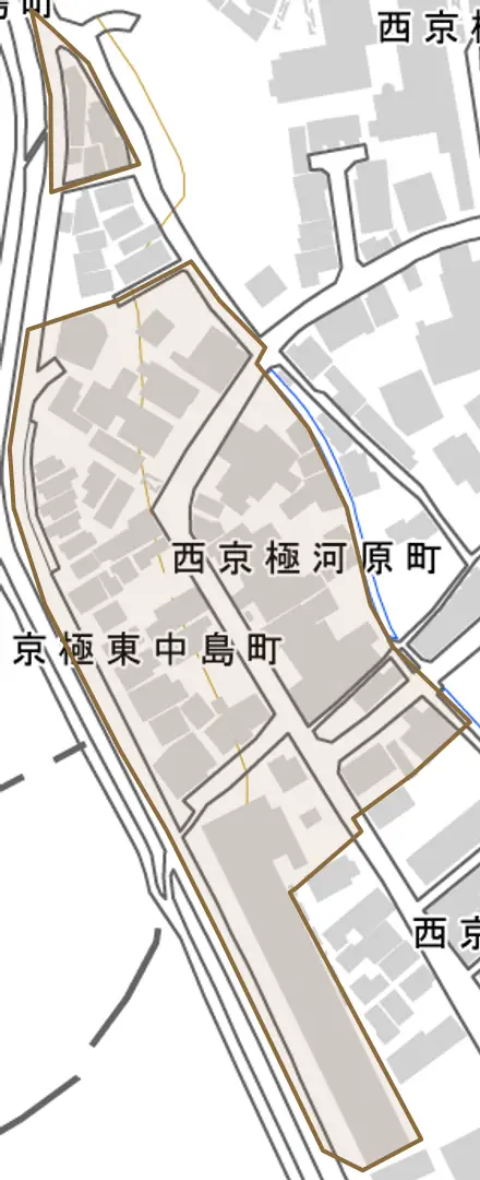 西京極河原町とその周辺の地図。町の範囲を重ねている
