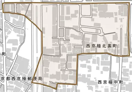 西京極北裏町とその周辺の地図。町の範囲を重ねている