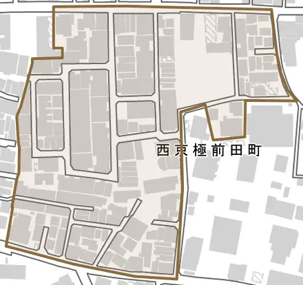 西京極前田町とその周辺の地図。町の範囲を重ねている