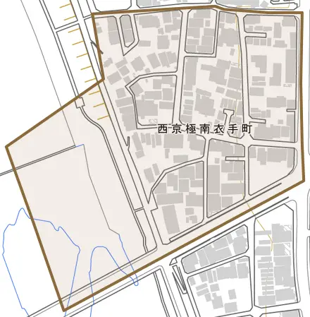 西京極南衣手町とその周辺の地図。町の範囲を重ねている