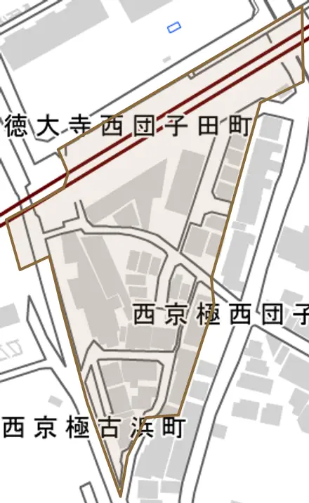 西京極西団子田町とその周辺の地図。町の範囲を重ねている
