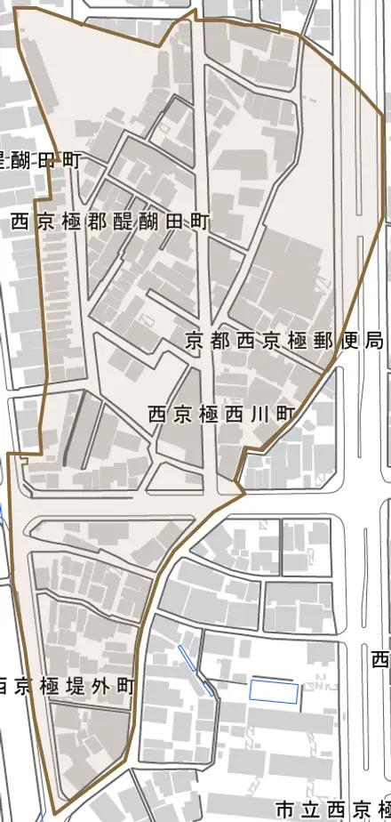 西京極西川町とその周辺の地図。町の範囲を重ねている