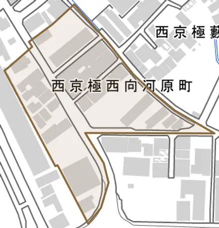 西京極西向河原町とその周辺の地図。町の範囲を重ねている