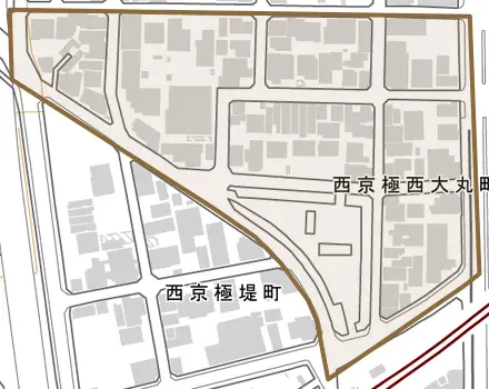 西京極西大丸町とその周辺の地図。町の範囲を重ねている