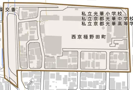 西京極野田町とその周辺の地図。町の範囲を重ねている