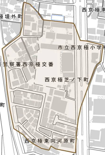 西京極芝ノ下町とその周辺の地図。町の範囲を重ねている