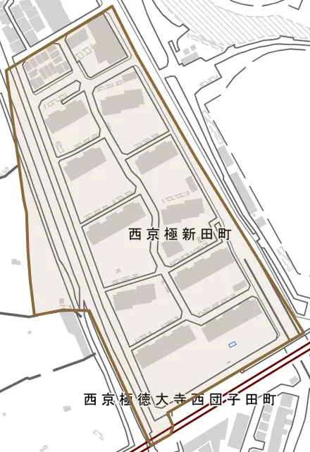 西京極新田町とその周辺の地図。町の範囲を重ねている