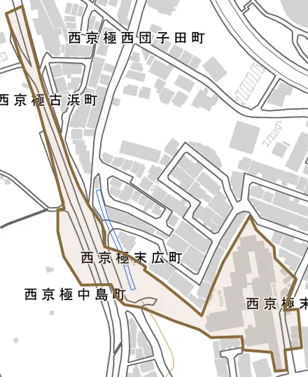 西京極末広町とその周辺の地図。町の範囲を重ねている