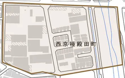 西京極殿田町とその周辺の地図。町の範囲を重ねている