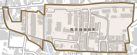西京極佃田町とその周辺の地図。町の範囲を重ねている