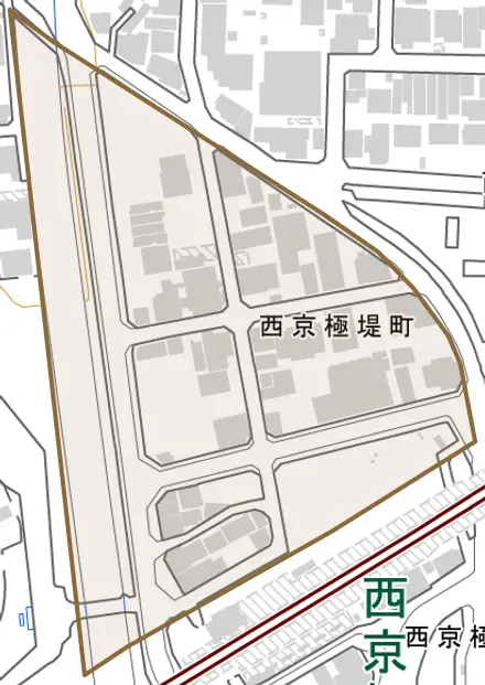 西京極堤町とその周辺の地図。町の範囲を重ねている