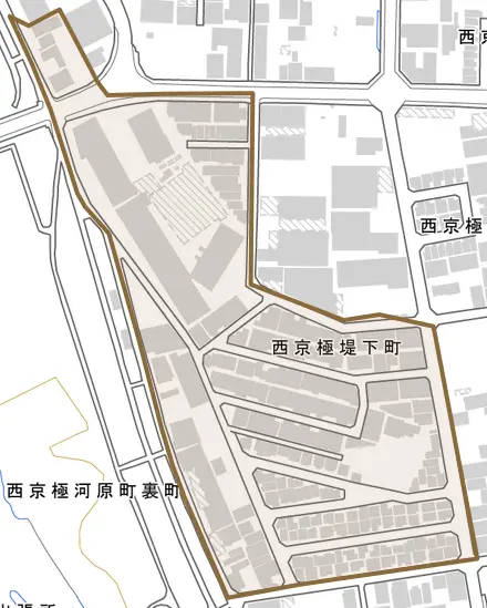 西京極堤下町とその周辺の地図。町の範囲を重ねている