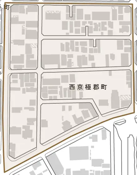 西京極郡町とその周辺の地図。町の範囲を重ねている