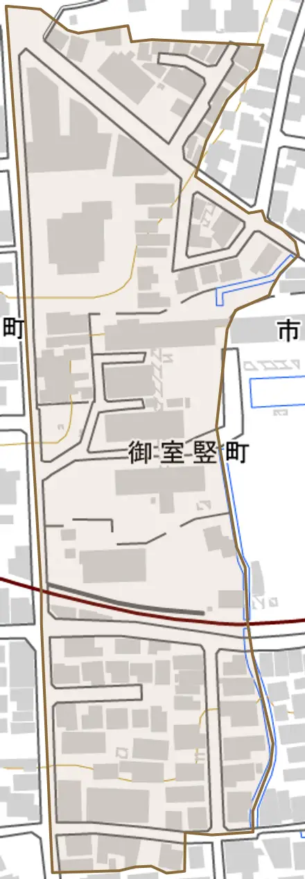 御室竪町とその周辺の地図。町の範囲を重ねている