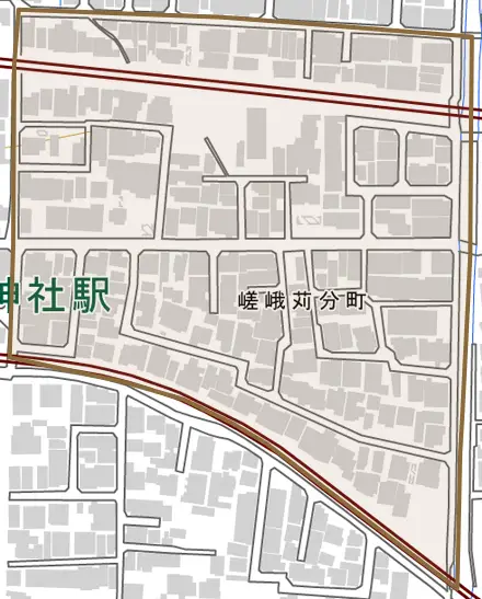 嵯峨苅分町とその周辺の地図。町の範囲を重ねている