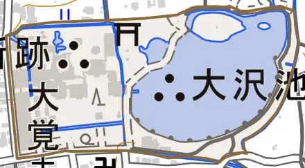 嵯峨大沢町とその周辺の地図。町の範囲を重ねている