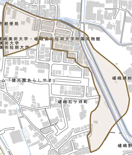 嵯峨蜻蛉尻町とその周辺の地図。町の範囲を重ねている