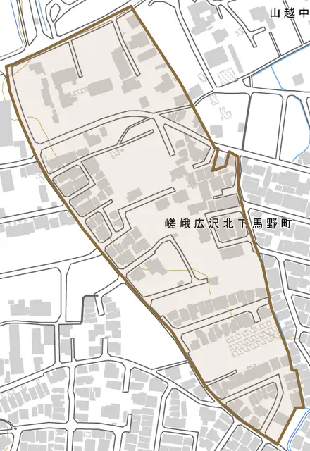 嵯峨広沢北下馬野町とその周辺の地図。町の範囲を重ねている