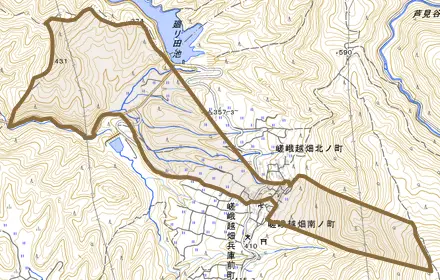 嵯峨越畑中ノ町とその周辺の地図。町の範囲を重ねている