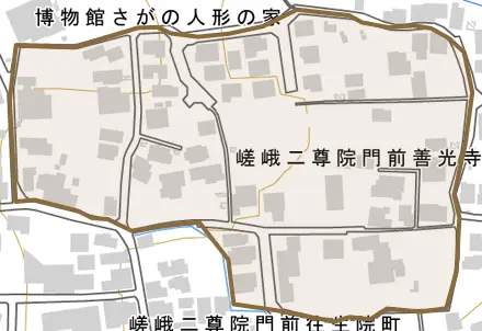 嵯峨二尊院門前善光寺山町とその周辺の地図。町の範囲を重ねている
