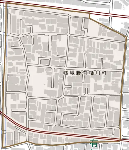 嵯峨野有栖川町とその周辺の地図。町の範囲を重ねている