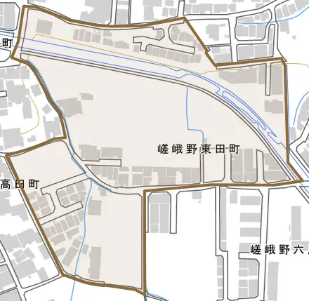 嵯峨野東田町とその周辺の地図。町の範囲を重ねている