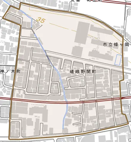 嵯峨野開町とその周辺の地図。町の範囲を重ねている