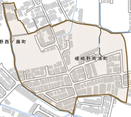 嵯峨野南浦町とその周辺の地図。町の範囲を重ねている