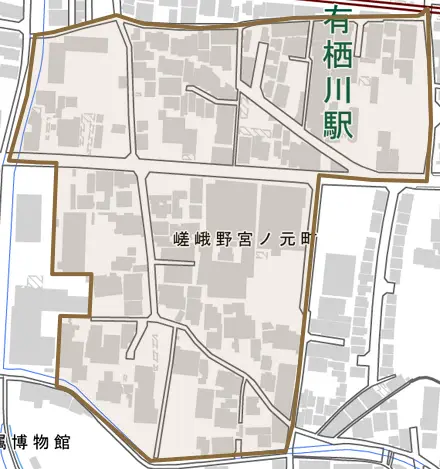 嵯峨野宮ノ元町とその周辺の地図。町の範囲を重ねている