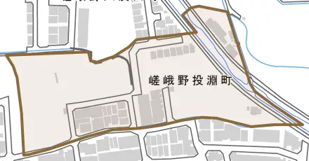 嵯峨野投渕町とその周辺の地図。町の範囲を重ねている