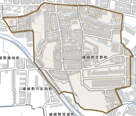 嵯峨野芝野町とその周辺の地図。町の範囲を重ねている