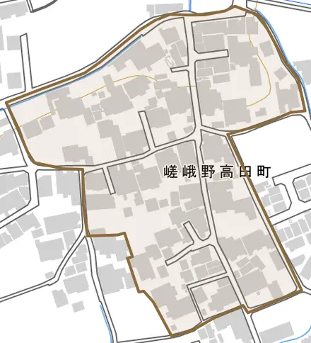 嵯峨野高田町とその周辺の地図。町の範囲を重ねている