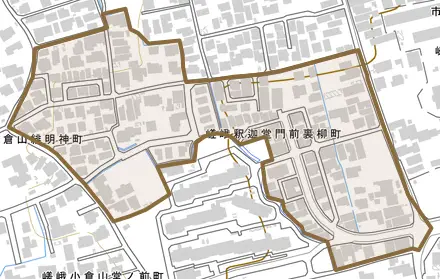 嵯峨釈迦堂門前裏柳町とその周辺の地図。町の範囲を重ねている