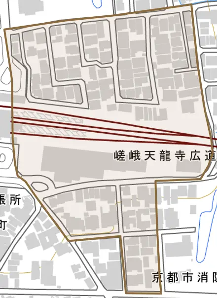 嵯峨天龍寺広道町とその周辺の地図。町の範囲を重ねている