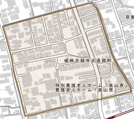 嵯峨天龍寺北造路町とその周辺の地図。町の範囲を重ねている