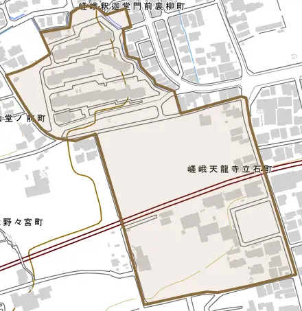 嵯峨天龍寺立石町とその周辺の地図。町の範囲を重ねている