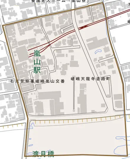 嵯峨天龍寺造路町とその周辺の地図。町の範囲を重ねている